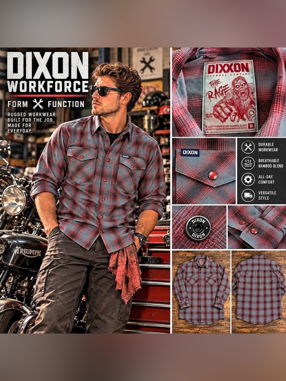 Dixxon The Rage Plaid Bamboo Shirt in Red & Gray Size Medium Like New